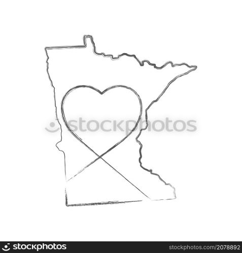 Minnesota US state hand drawn pencil sketch outline map with heart shape. Continuous line drawing of patriotic home sign. A love for a small homeland. T-shirt print idea. Vector illustration.. Minnesota US state hand drawn pencil sketch outline map with the handwritten heart shape. Vector illustration