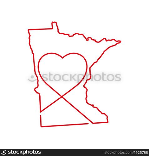 Minnesota US state red outline map with the handwritten heart shape. Continuous line drawing of patriotic home sign. A love for a small homeland. T-shirt print idea. Vector illustration.. Minnesota US state red outline map with the handwritten heart shape. Vector illustration