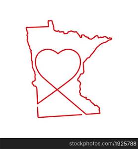 Minnesota US state red outline map with the handwritten heart shape. Continuous line drawing of patriotic home sign. A love for a small homeland. T-shirt print idea. Vector illustration.. Minnesota US state red outline map with the handwritten heart shape. Vector illustration