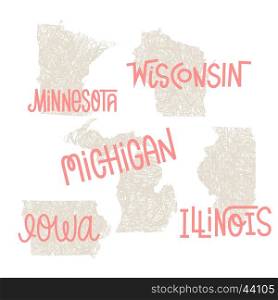 Minnesota, Wisconsin, Michigan,Iowa, Illinois USA state outline art with custom lettering for prints and crafts. United states of America wall art of individual states