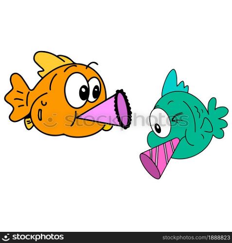 minnows blowing trumpets for the new year celebrations. cartoon illustration sticker mascot emoticon