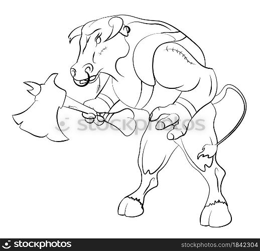 minotaur bull has prepared for battle and is holding a huge ax. Legendary monsters. Mythology of ancient Greece. Illustration for coloring on a white background