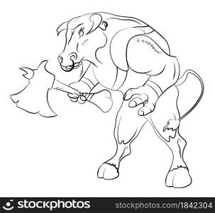minotaur bull has prepared for battle and is holding a huge ax. Legendary monsters. Mythology of ancient Greece. Illustration for coloring on a white background