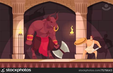 Minotaur fabulous mythical creature half man with bulls head tail fighting with theseus flat composition vector illustration