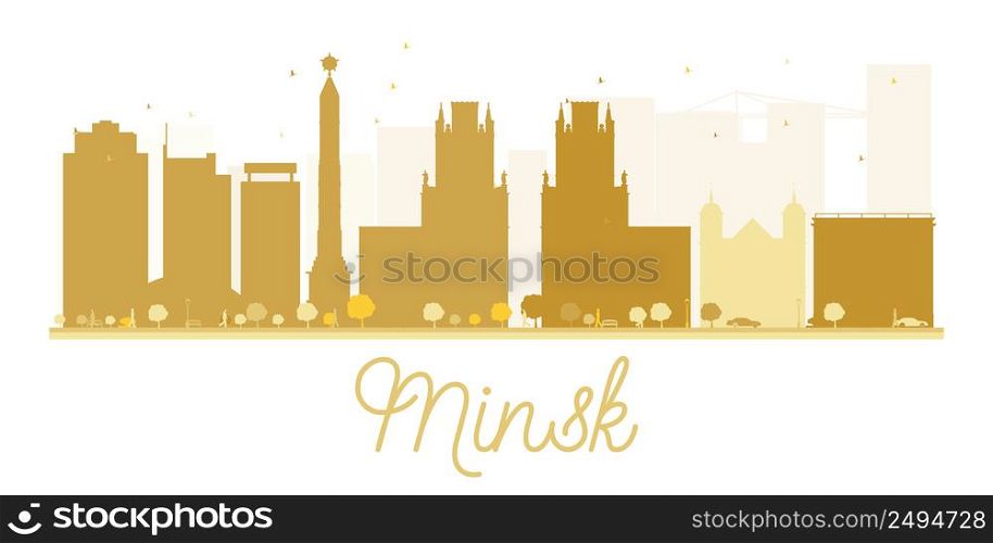 Minsk City skyline golden silhouette. Vector illustration. Simple flat concept for tourism presentation, banner, placard or web site. Business travel concept. Cityscape with landmarks