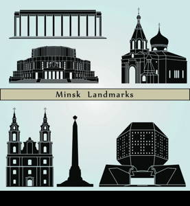 Minsk landmarks and monuments isolated on blue background in editable vector file