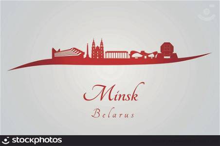 Minsk skyline in red and gray background in editable vector file