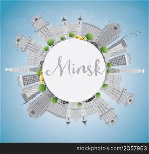 Minsk skyline with gray buildings, blue sky and copy space. Vector illustration. Business travel and tourism concept with place for text. Image for presentation, banner, placard and web site.
