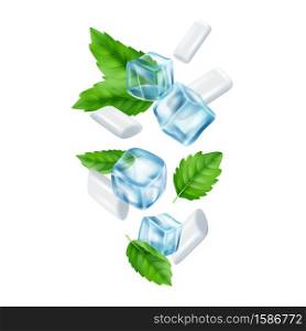 Mint gum and ice cubes. Realistic fresh chewing gums vector illustration. Mint and blue ice for gum product, freshness oral. Mint gum and ice cubes. Realistic fresh chewing gums vector illustration