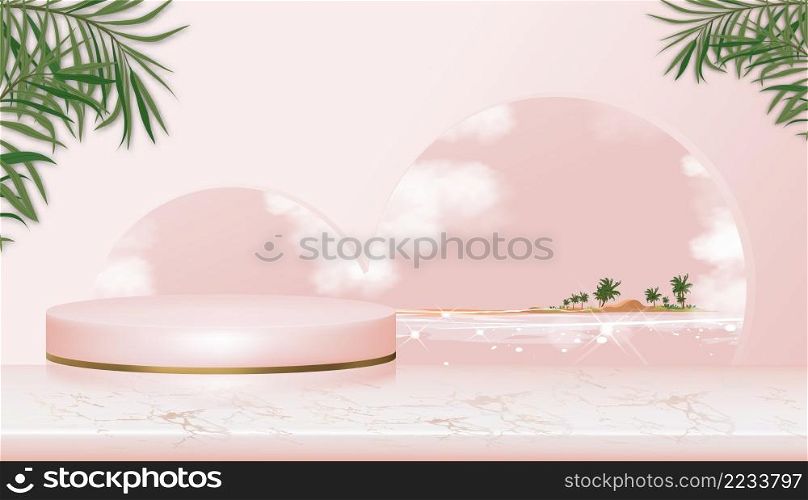 Minumal Podium display with Pink and Yellow gold Cylinder Stand on Rose gold foil marble,Vector Realistic 3D for Stage pedestal platform,Product presentation, Cosmetic product display or Spa Showcase