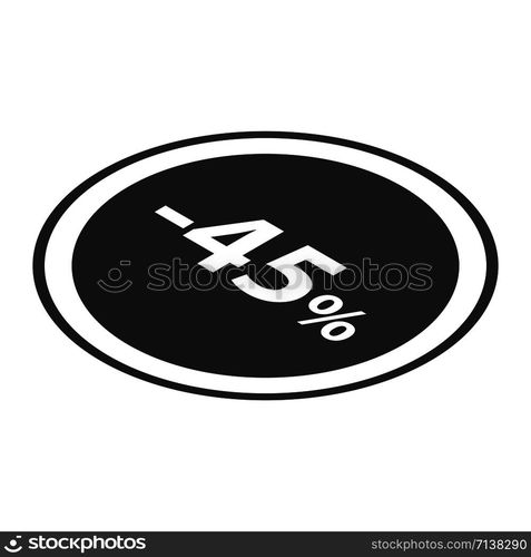 Minus 45 percent sale black emblem icon. Isometric of minus 45 percent sale black emblem vector icon for web design isolated on white background. Minus 45 percent sale black emblem icon, isometric style