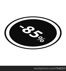 Minus 85 percent sale black icon. Isometric of minus 85 percent sale black vector icon for web design isolated on white background. Minus 85 percent sale black icon, isometric style