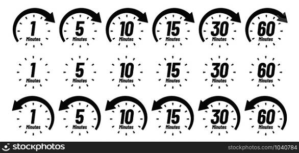 Minutes time icon. Analog clock Icons, 1 5 10 15 30 60 minute clocks and minutes ago. Work deadline arrow, delivery fast measuring clock or watch interface. Isolated sign vector set. Minutes time icon. Analog clock Icons, 1 5 10 15 30 60 minute clocks and minutes ago sign vector set