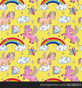 Miracle unicorn wizard seamless background. Miracle unicorn wizard seamless background. Cute pony with color rainbow. Vector illustration