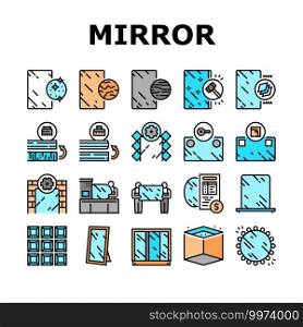 Mirror Installation Collection Icons Set Vector. Silver, Bronze or Graphite Mirror, Making For Wardrobe And Bathroom, Polishing And Making Custom Concept Linear Pictograms. Contour Color Illustrations. Mirror Installation Collection Icons Set Vector