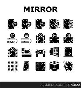 Mirror Installation Collection Icons Set Vector. Silver, Bronze or Graphite Mirror, Making For Wardrobe And Bathroom, Polishing And Making Custom Glyph Pictograms Black Illustrations. Mirror Installation Collection Icons Set Vector