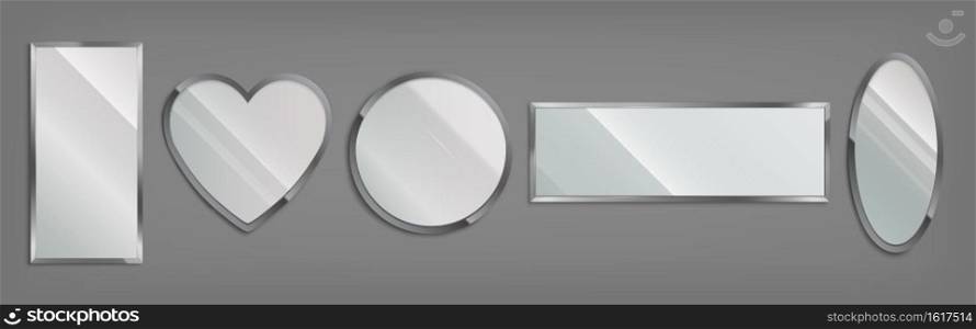 Mirrors in metal frame in shape of circle, heart, oval and rectangle isolated on gray background. Vector realistic set of glossy glass mirrors with chrome border. Modern decoration for bathroom. Mirrors in metal frame different shapes