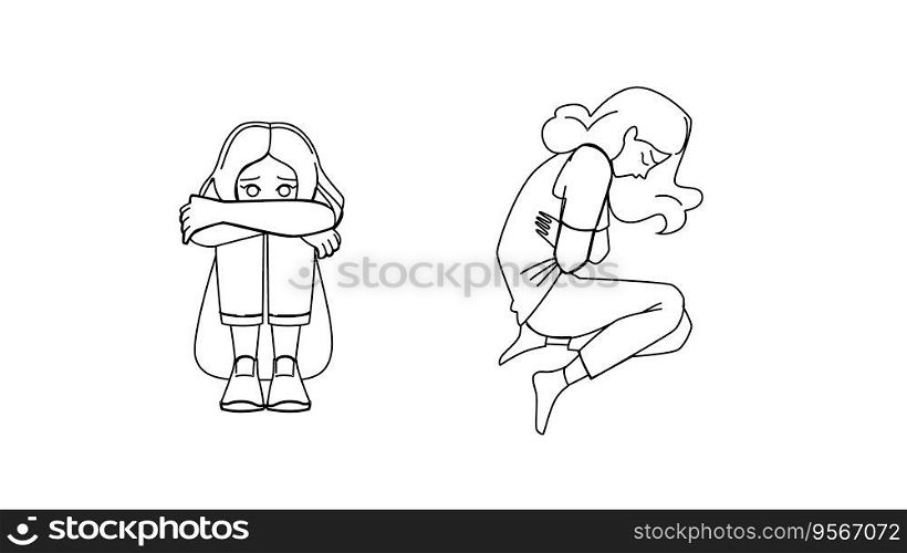 miscarriage woman vector. sad grief, anxiety depression, sorrow girl, stress abortion, pain depressed miscarriage woman character. people black line illustration. miscarriage woman vector