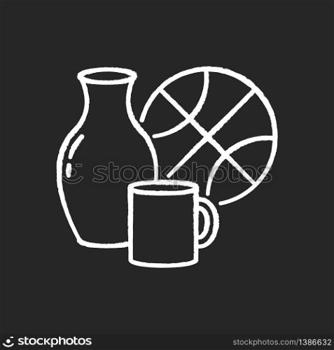 Miscellaneous chalk white icon on black background. Supermarket items. Grocery store category. Convenience store section. Vase bowl. Domestic items. Isolated vector chalkboard illustration. Miscellaneous chalk white icon on black background