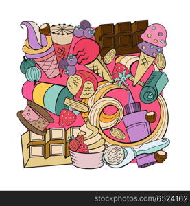 Miscellaneous ice cream with fruit and topping. Hand drawn vecto. Hand drawn ice cream. Miscellaneous ice cream with topping, nuts, berries, chocolate and cookies. Vector Doodle illustration.