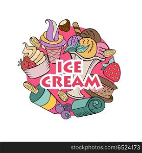 Miscellaneous ice cream with fruit and topping. Hand drawn vecto. Hand drawn ice cream. Miscellaneous ice cream with topping, nuts, berries, chocolate and cookies. Vector Doodle illustration.