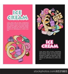 Miscellaneous ice cream with fruit, nuts and topping. Hand drawn. Hand drawn ice cream. Miscellaneous ice cream with topping, nuts, berries, chocolate and cookies. Vector Doodle illustration.