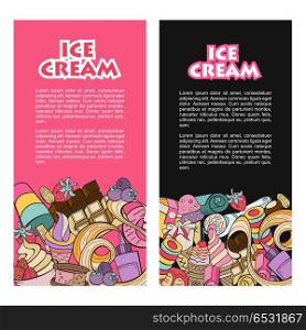 Miscellaneous ice cream with fruit, nuts and topping. Hand drawn. Hand drawn ice cream. Miscellaneous ice cream with topping, nuts, berries, chocolate and cookies. Vector Doodle illustration.