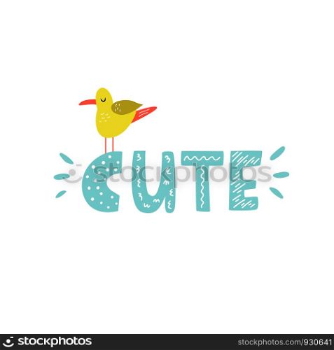 Mischievous Lettering text CUTE with funny seagull. Suitable for prints, childish t-shirts, books, textile. Mischievous Lettering text CUTE with funny seagull