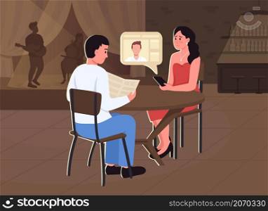 Misleading dating profile photo flat color vector illustration. Girl facing unmet expectations on date with stranger guy 2D cartoon characters with romantic atmosphere restaurant on background. Misleading dating profile photo flat color vector illustration