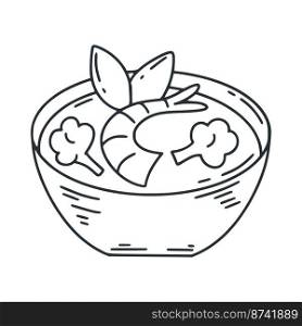 Miso soup doodle isolated illustration. Asiafood ink sketch. Line image traditional japanese food with shrimp and vegetables. Miso soup doodle isolated illustration