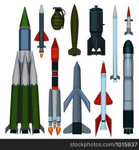 Missile collection. Defense flight armour military weapons vector cartoon set. Illustration of military weapon, rocket nuclear. Missile collection. Defense flight armour military weapons vector cartoon set