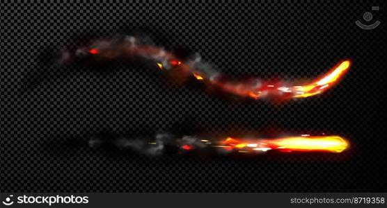 Missile effect, rocket fire trails with black smoke, spacecraft startup launch, space jet flames. Realistic 3d vector airplane take off or ballistic burst tracks isolated on transparent background. Missile effect, rocket fire trails with smoke