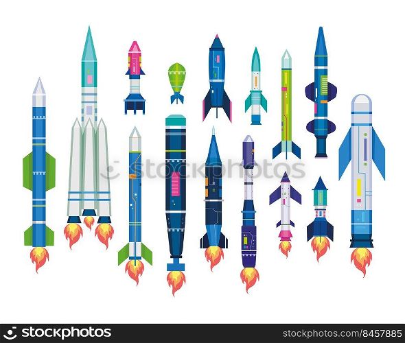 Missile set for air ballistic strike. Vector illustration of rocket bomb, warhead, jet artillery shell, icbm isolated on white. Military collection of war technology. Attack or defence weapon concept. Missile set for air ballistic strike