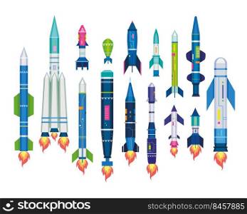 Missile set for air ballistic strike. Vector illustration of rocket bomb, warhead, jet artillery shell, icbm isolated on white. Military collection of war technology. Attack or defence weapon concept. Missile set for air ballistic strike