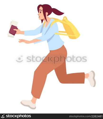 Missing departure flight risk semi flat RGB color vector illustration. Hurrying figure. Airport terminal visit. Girl running with airline ticket isolated cartoon character on white background. Missing departure flight risk semi flat RGB color vector illustration