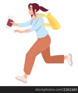 Missing departure flight risk semi flat RGB color vector illustration. Hurrying figure. Airport terminal visit. Girl running with airline ticket isolated cartoon character on white background. Missing departure flight risk semi flat RGB color vector illustration