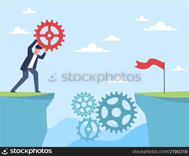 Missing element of mechanism, bridge to achieving goal. Businessman hold gear element. Management and working process. Strategy analysis and solution problems. Vector cartoon flat business concept. Missing element of mechanism, bridge to achieving goal. Businessman hold gear element. Management and working process. Strategy analysis. Vector cartoon flat business concept