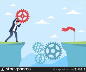 Missing element of mechanism, bridge to achieving goal. Businessman hold gear element. Management and working process. Strategy analysis and solution problems. Vector cartoon flat business concept. Missing element of mechanism, bridge to achieving goal. Businessman hold gear element. Management and working process. Strategy analysis. Vector cartoon flat business concept