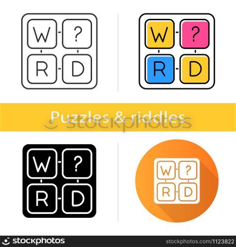 Missing letter puzzle icon. Word game. Mental exercise. Language, vocabulary, intelligence test. Brain teaser. Solution finding. Flat design, linear and color styles. Isolated vector illustrations
