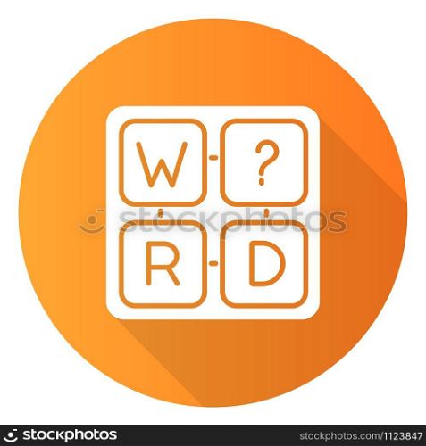 Missing letter puzzle orange flat design long shadow glyph icon. Word game. Mental exercise. Challenge. Language, vocabulary test. Brain teaser. Solution finding. Vector silhouette illustration