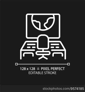 Mission control pixel perfect white linear icon for dark theme. Space ship. Spacecraft cabin. Monitoring center. Command post. Thin line illustration. Isolated symbol for night mode. Editable stroke. Mission control pixel perfect white linear icon for dark theme