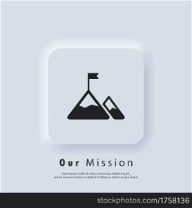 Mission icon. Goal. Mission logo. Mountain with a flag. Vector. UI icon. Neumorphic UI UX white user interface web button.