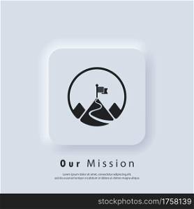 Mission icon. Goal. Mission logo. Mountain with a flag. Vector. UI icon. Neumorphic UI UX white user interface web button.