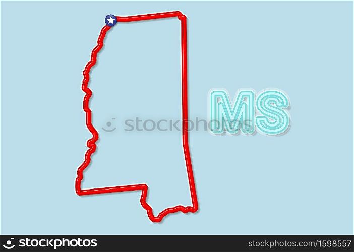 Mississippi US state bold outline map. Glossy red border with soft shadow. Two letter state abbreviation. Vector illustration.. Mississippi US state bold outline map. Vector illustration