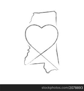 Mississippi US state hand drawn pencil sketch outline map with heart shape. Continuous line drawing of patriotic home sign. A love for a small homeland. T-shirt print idea. Vector illustration.. Mississippi US state hand drawn pencil sketch outline map with the handwritten heart shape. Vector illustration
