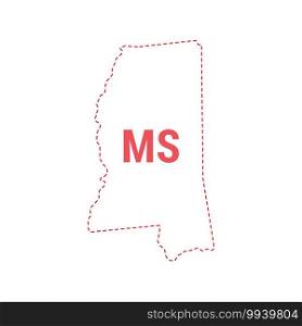 Mississippi US state map outline dotted border. Vector illustration. Two-letter state abbreviation.. Mississippi US state map outline dotted border
