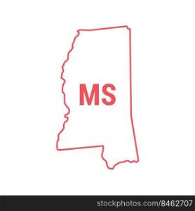 Mississippi US state map red outline border. Vector illustration isolated on white. Two-letter state abbreviation.. Mississippi US state map red outline border. Vector illustration. Two-letter state abbreviation