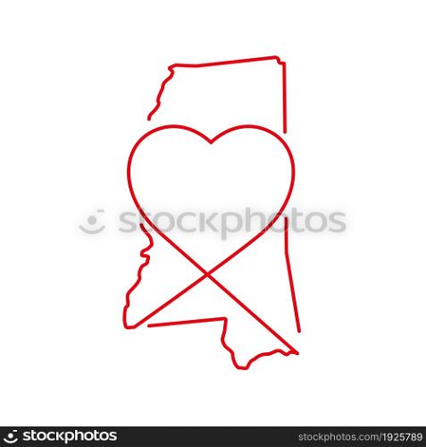 Mississippi US state red outline map with the handwritten heart shape. Continuous line drawing of patriotic home sign. A love for a small homeland. T-shirt print idea. Vector illustration.. Mississippi US state red outline map with the handwritten heart shape. Vector illustration