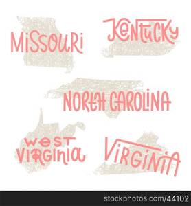 Missouri, Kentucky, North Carolina, West Virginia, Virginia USA state outline art with custom lettering for prints and crafts. United states of America wall art of individual states