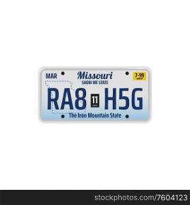 Missouri mountain state isolated car number plate. Vector auto registration license with letters and figures. Number plate of Missouri vehicle registration sign